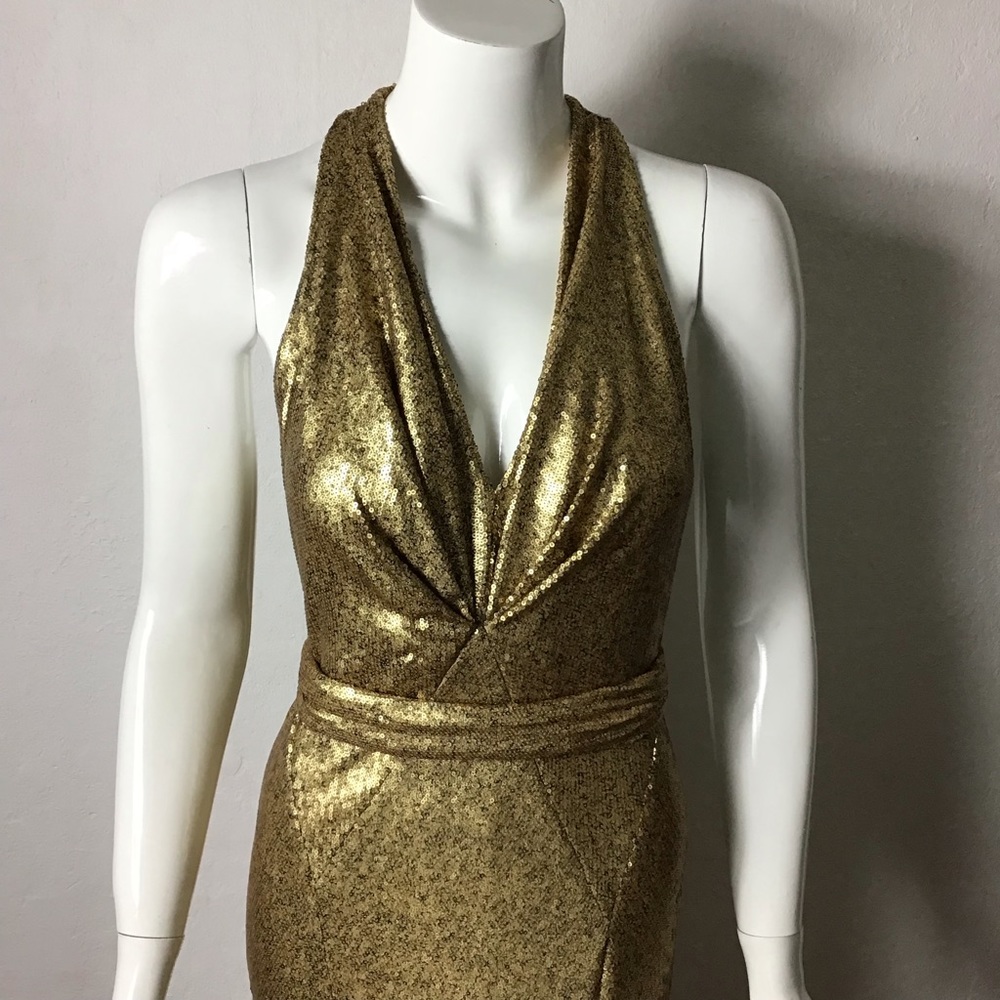 New without tags Donna Karan gold sequin deep v neck Belted Sequined Dress gown - Picture 7 of 14